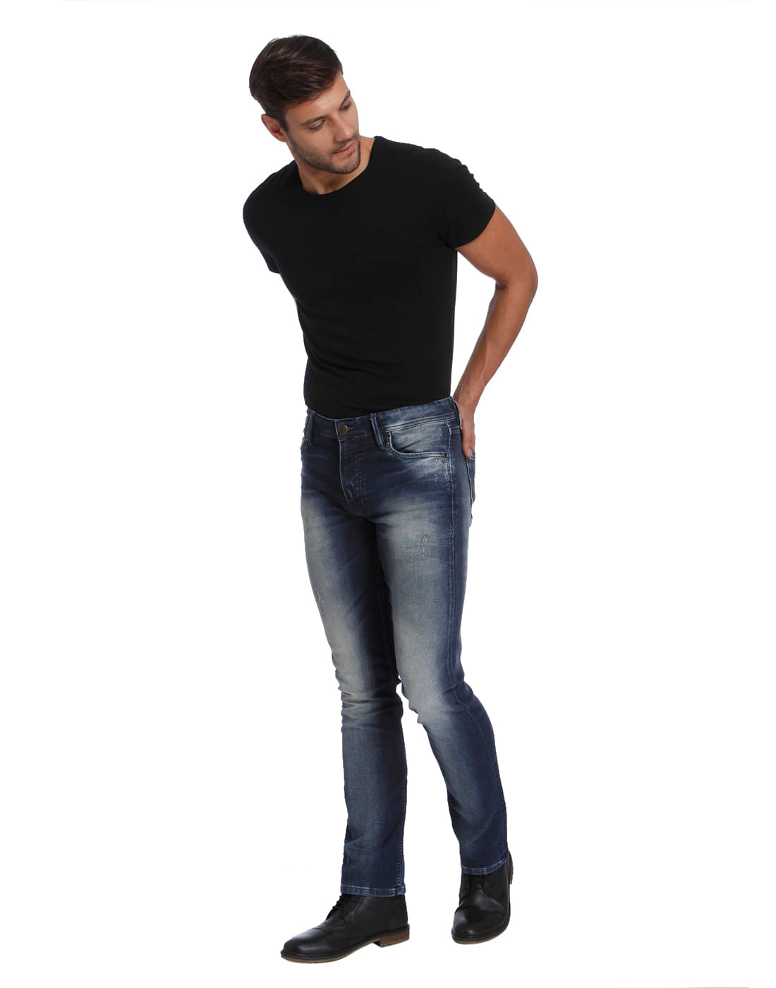 Blue Mild Distressed Mid Rise Regular Fit Jeans
