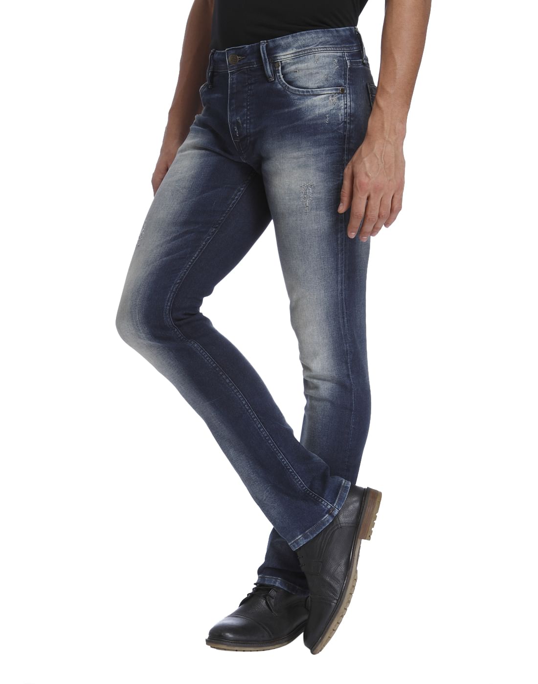 Blue Mild Distressed Mid Rise Regular Fit Jeans