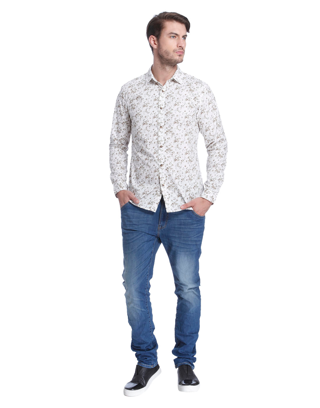 White Floral Print Slim Fit Shirt