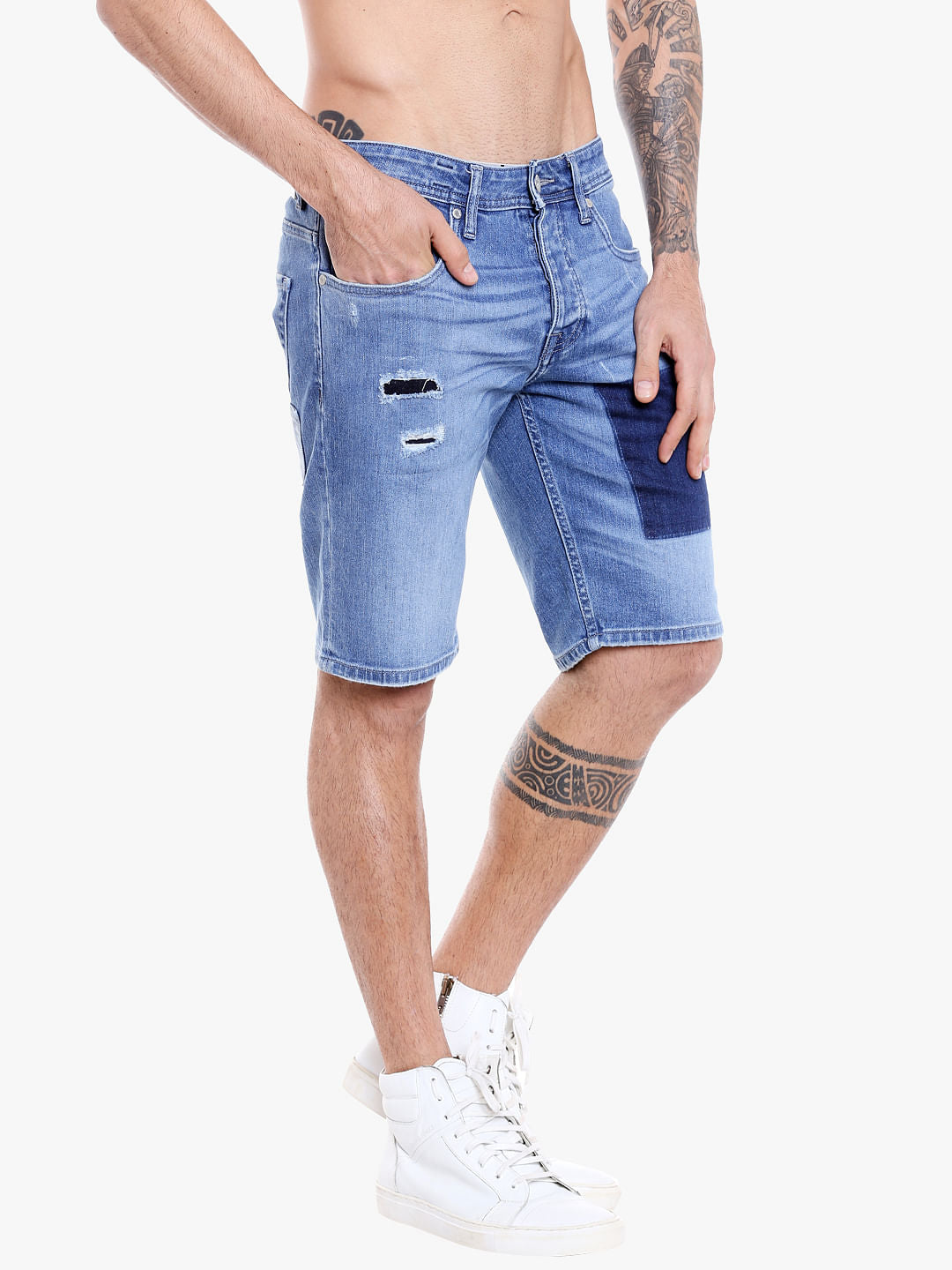 Light Blue Denim Patchwork Shorts