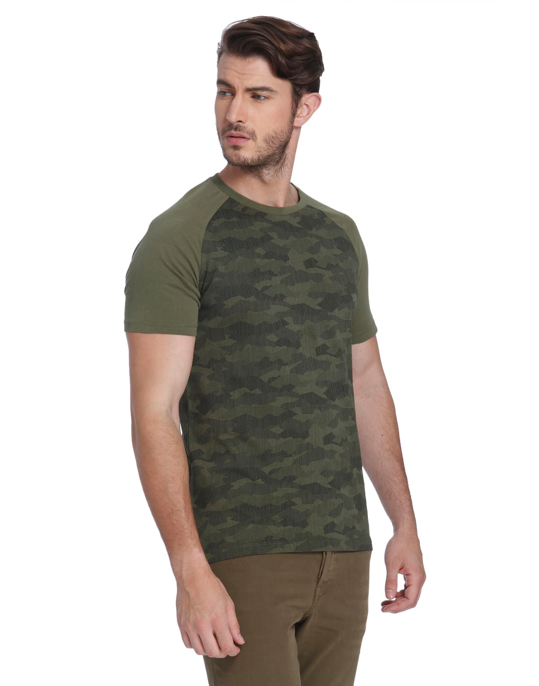 Green Camo Print Crew Neck T-Shirt