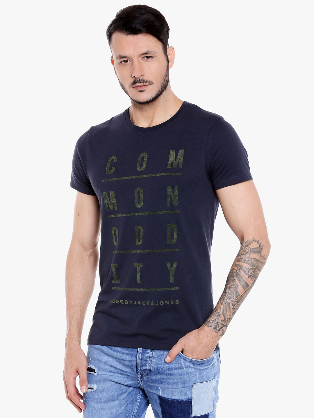 Dark Blue Slogan Print Crew Neck T-Shirt