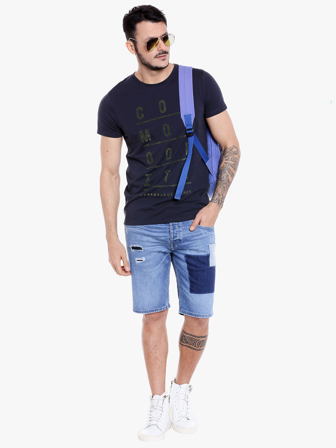 Dark Blue Slogan Print Crew Neck T-Shirt