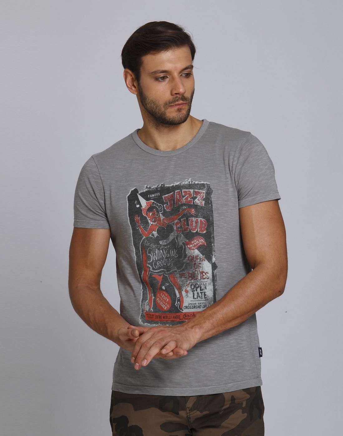 Grey Graphic Print Crew Neck T-Shirt