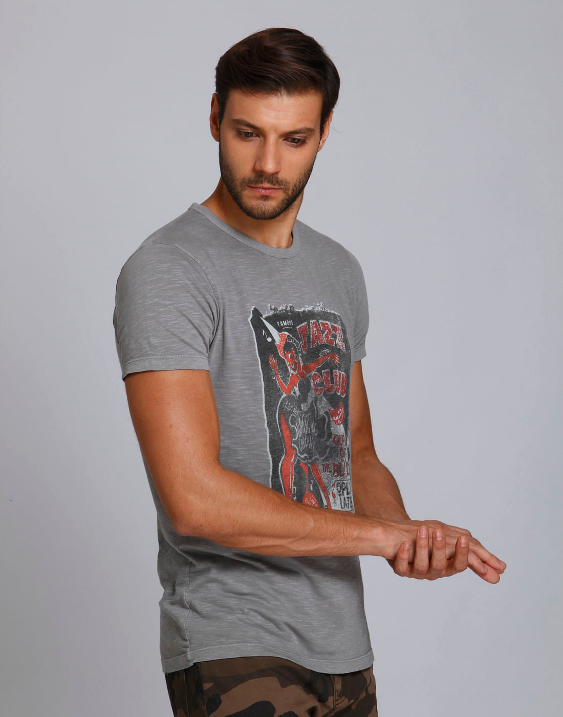 Grey Graphic Print Crew Neck T-Shirt