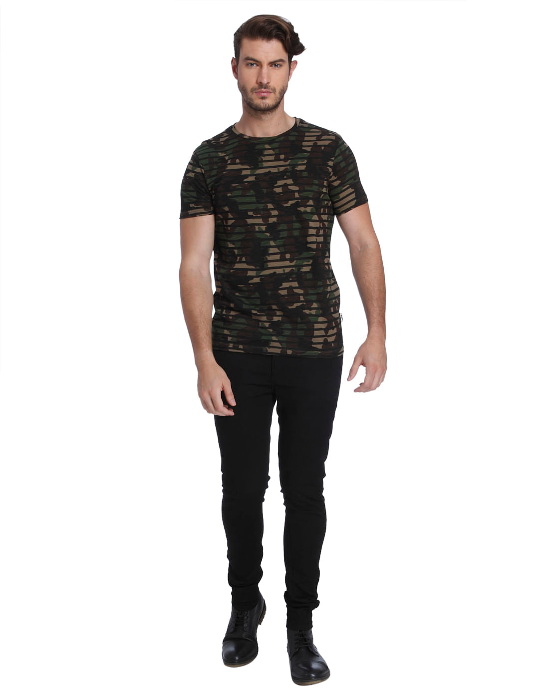Green Camo Print Striped Crew Neck T-Shirt