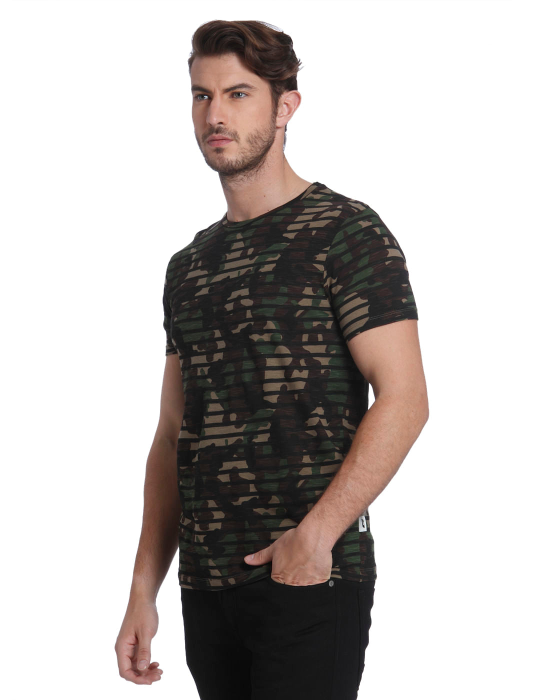 Green Camo Print Striped Crew Neck T-Shirt