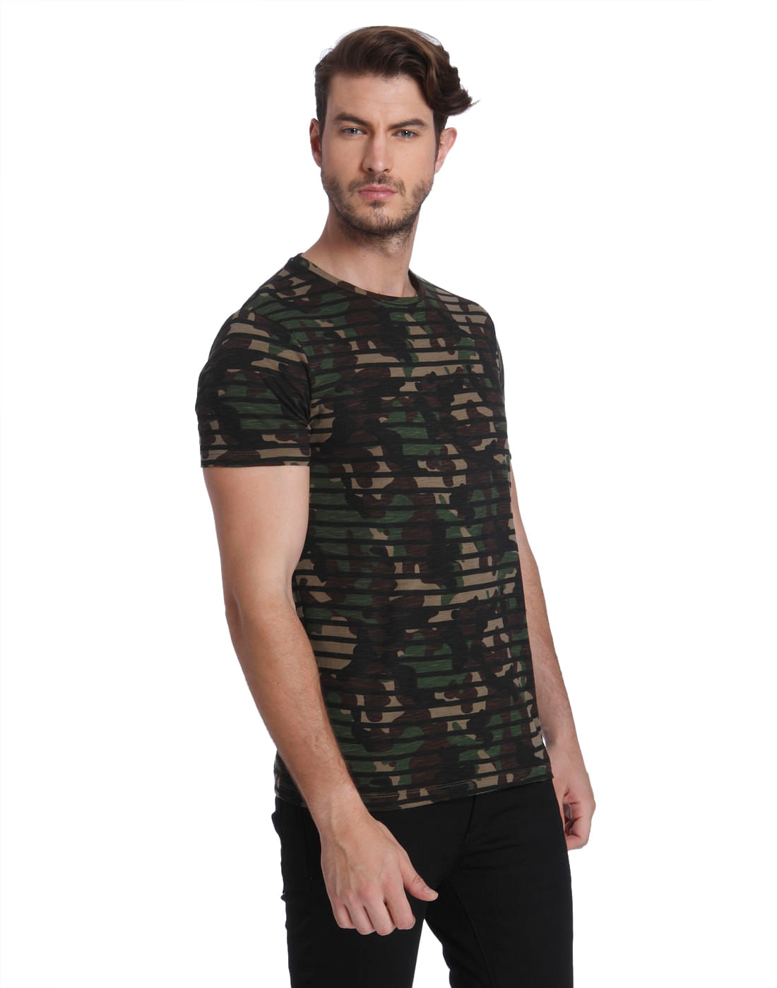 Green Camo Print Striped Crew Neck T-Shirt