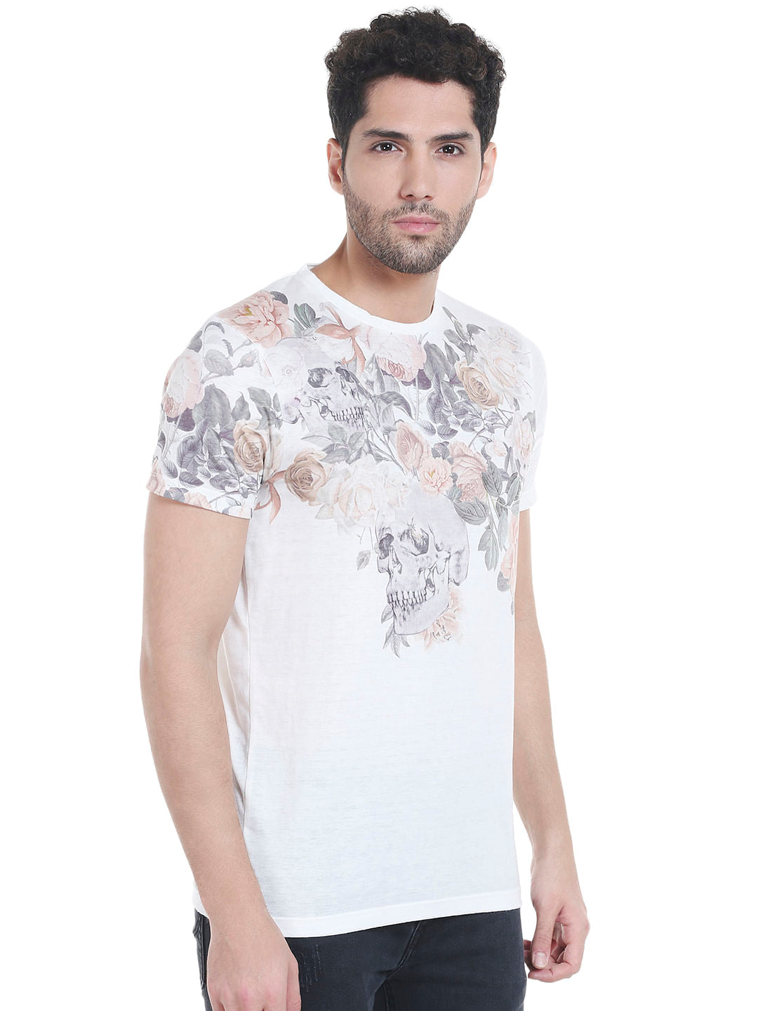 White Floral Print Crew Neck T-Shirt