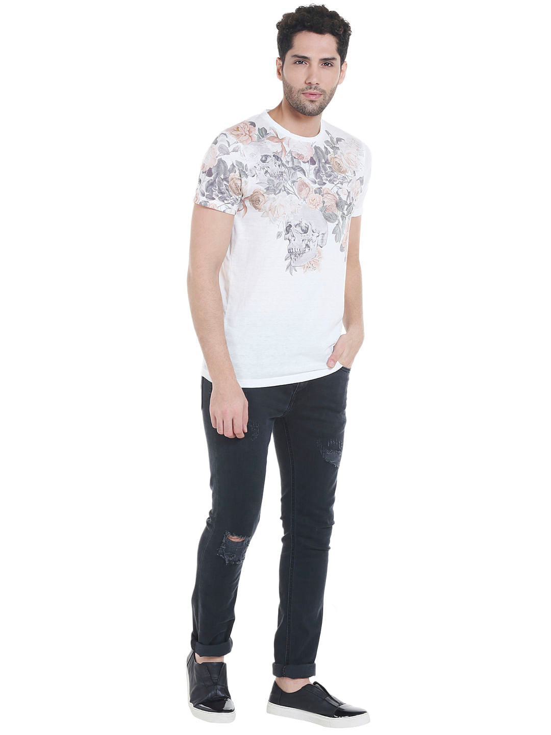 White Floral Print Crew Neck T-Shirt