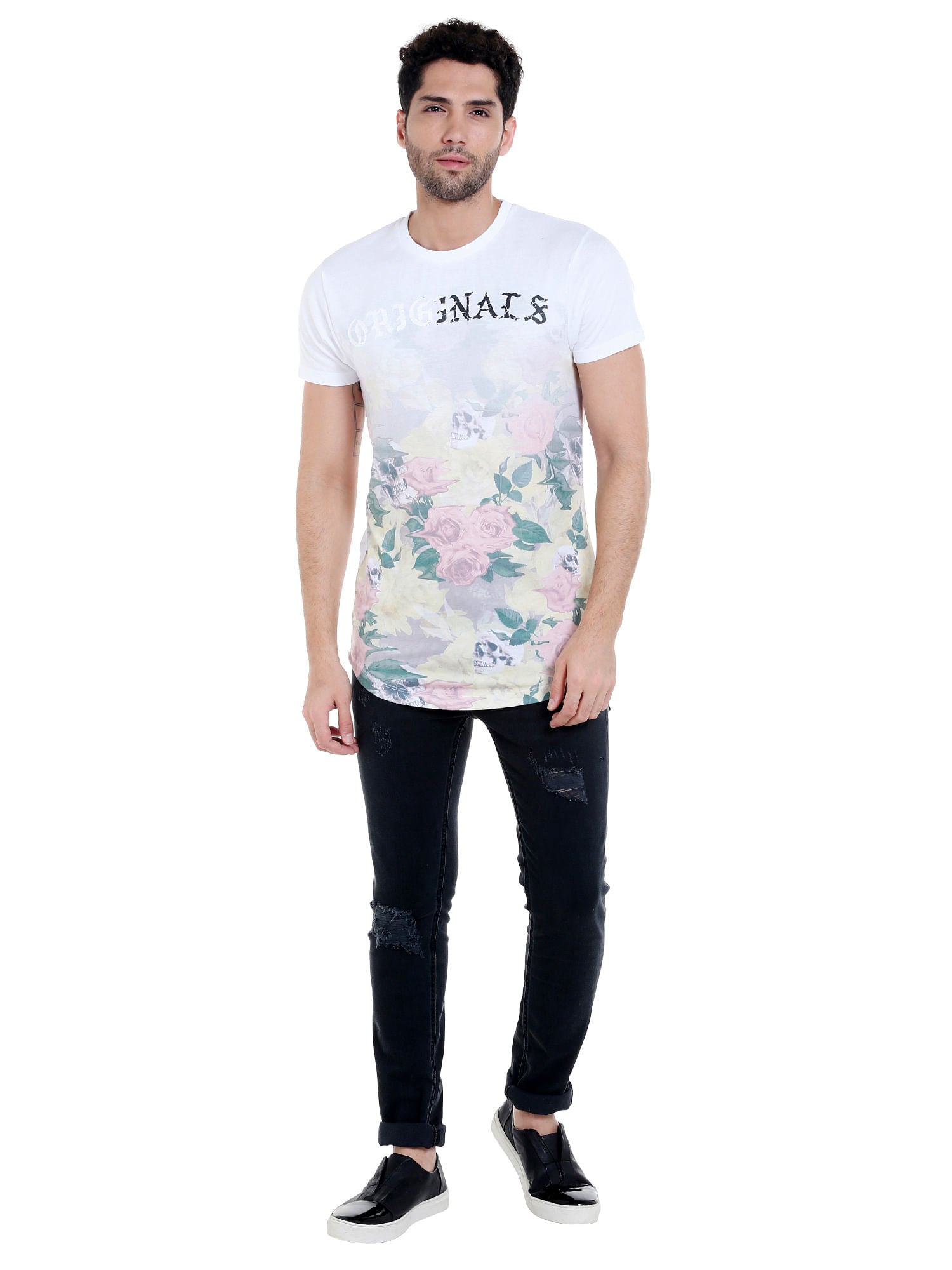 White Floral Print Crew Neck T-Shirt