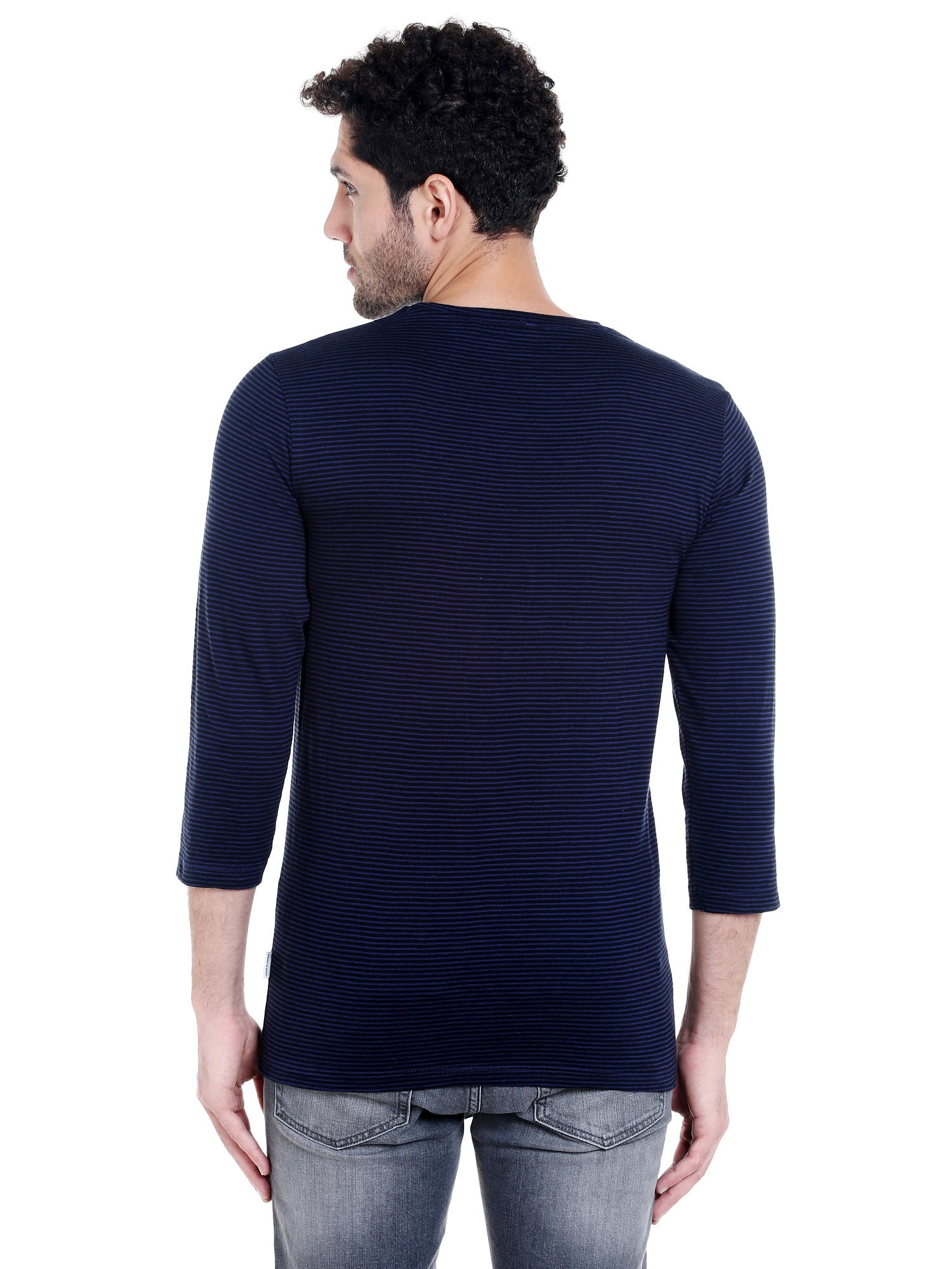 Dark Blue Striped Crew Neck T-Shirt