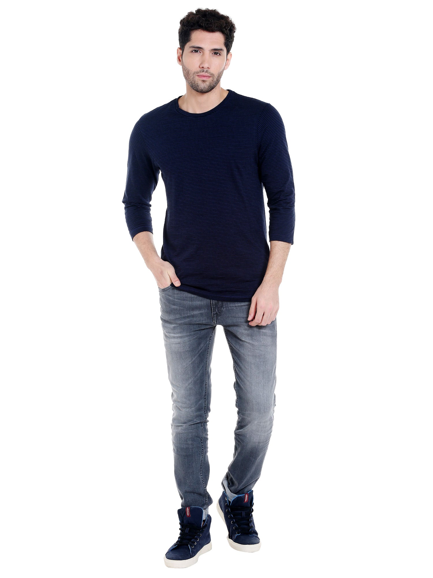 Dark Blue Striped Crew Neck T-Shirt