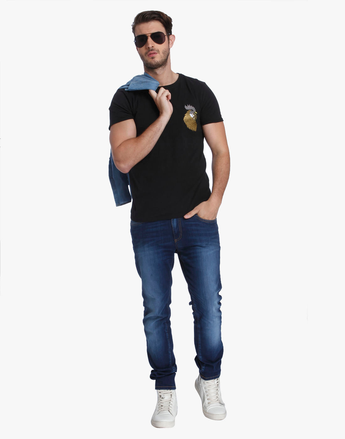 Black Embellished Crew Neck T-Shirt