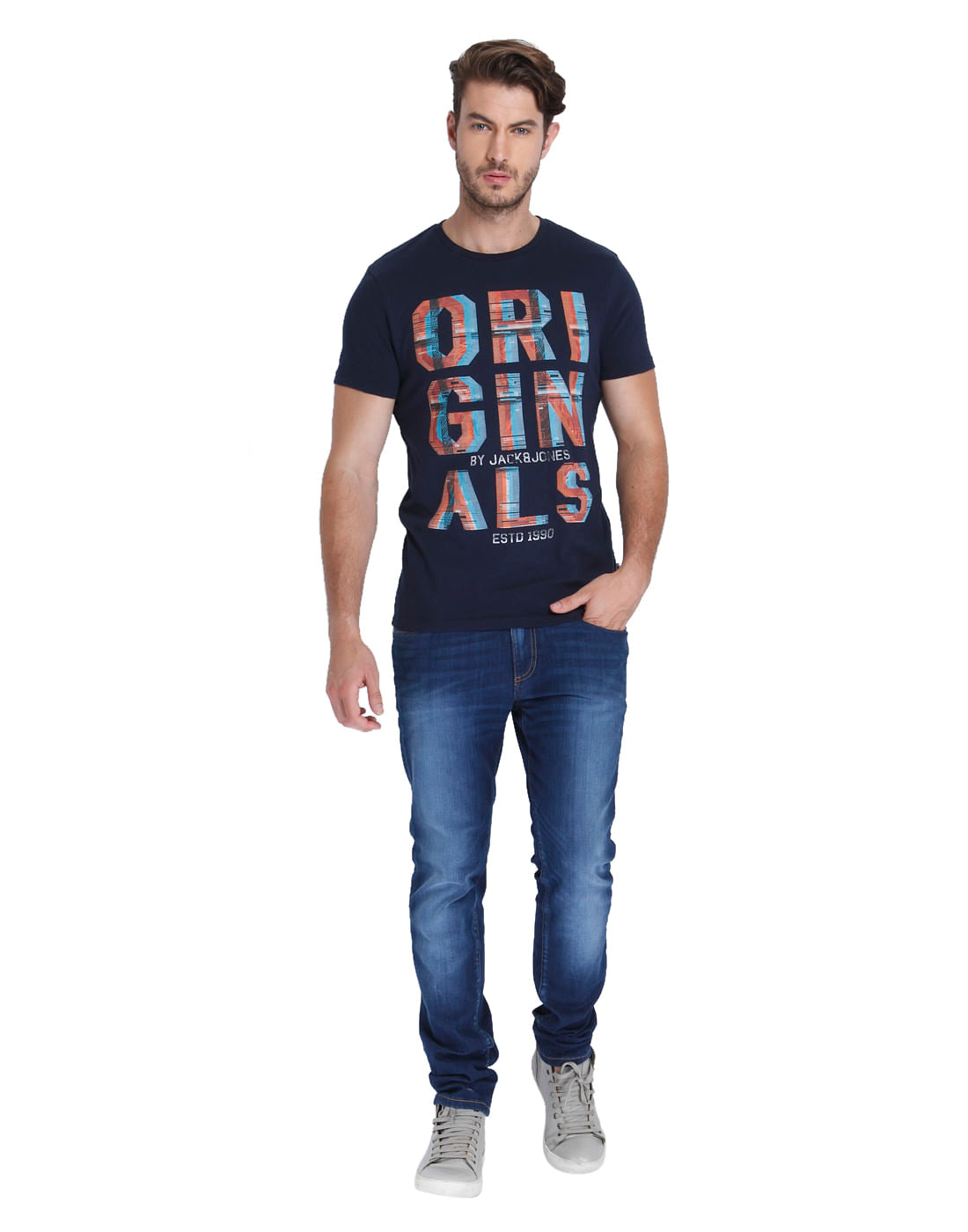 Dark Blue Graphic Print Crew Neck T-Shirt
