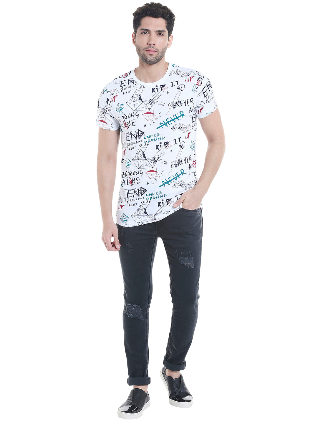 White Scribble Print Crew Neck T-Shirt