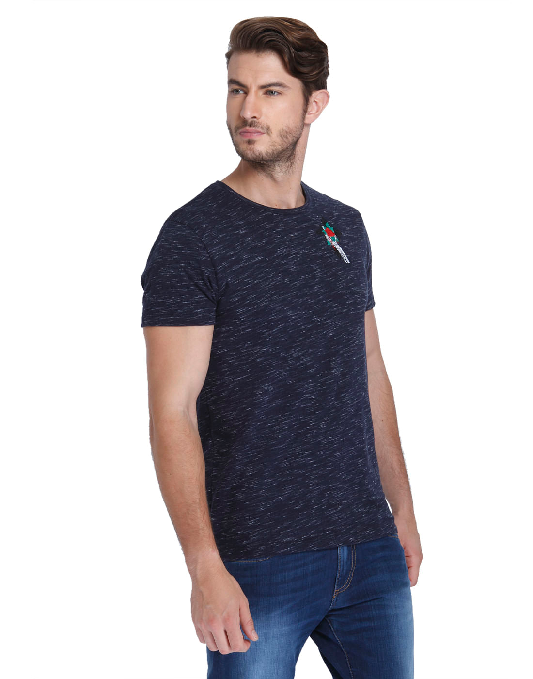 Dark Blue Rose Print Crew Neck T-Shirt
