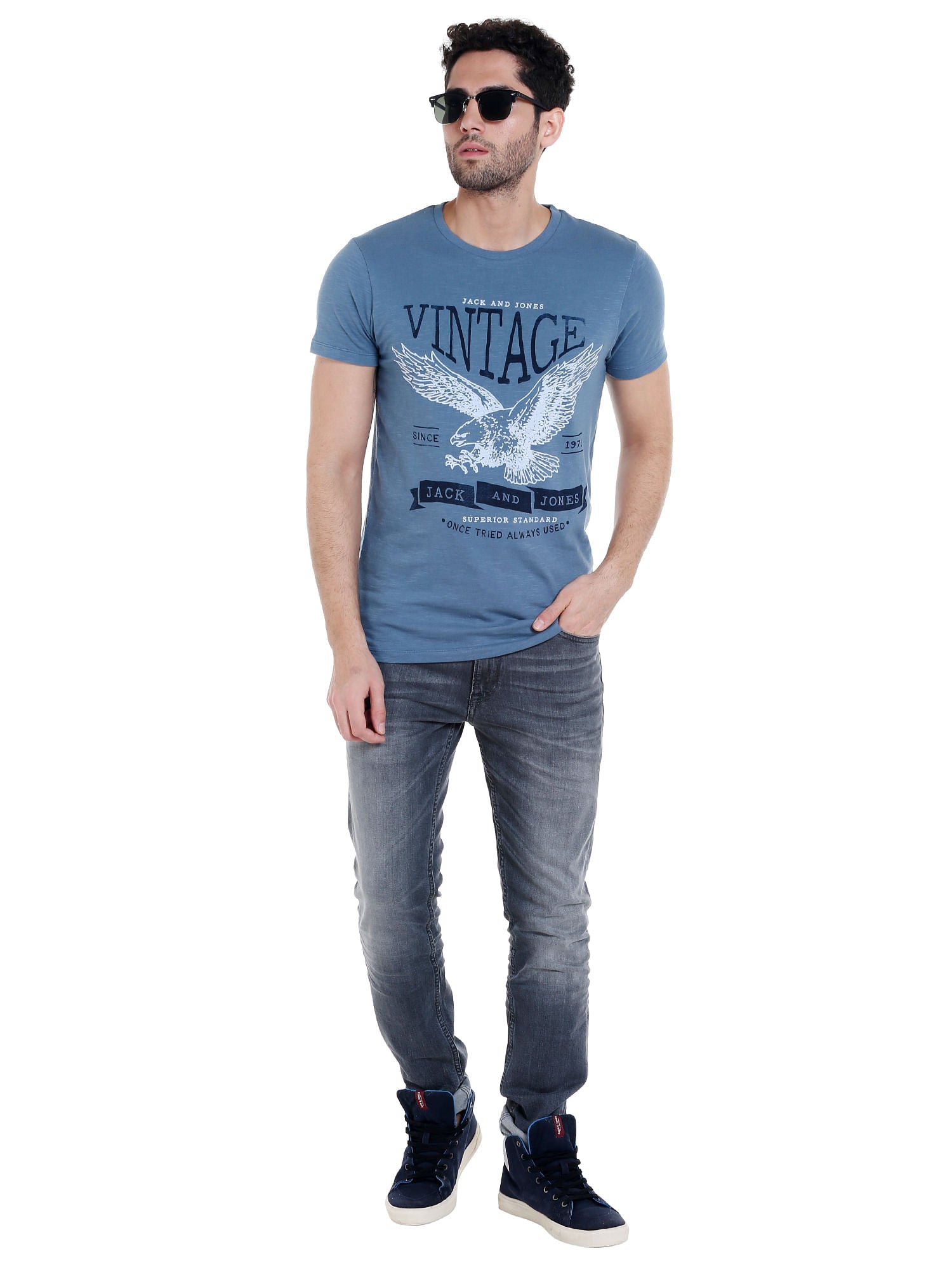 Blue Graphic Print Crew Neck T-Shirt