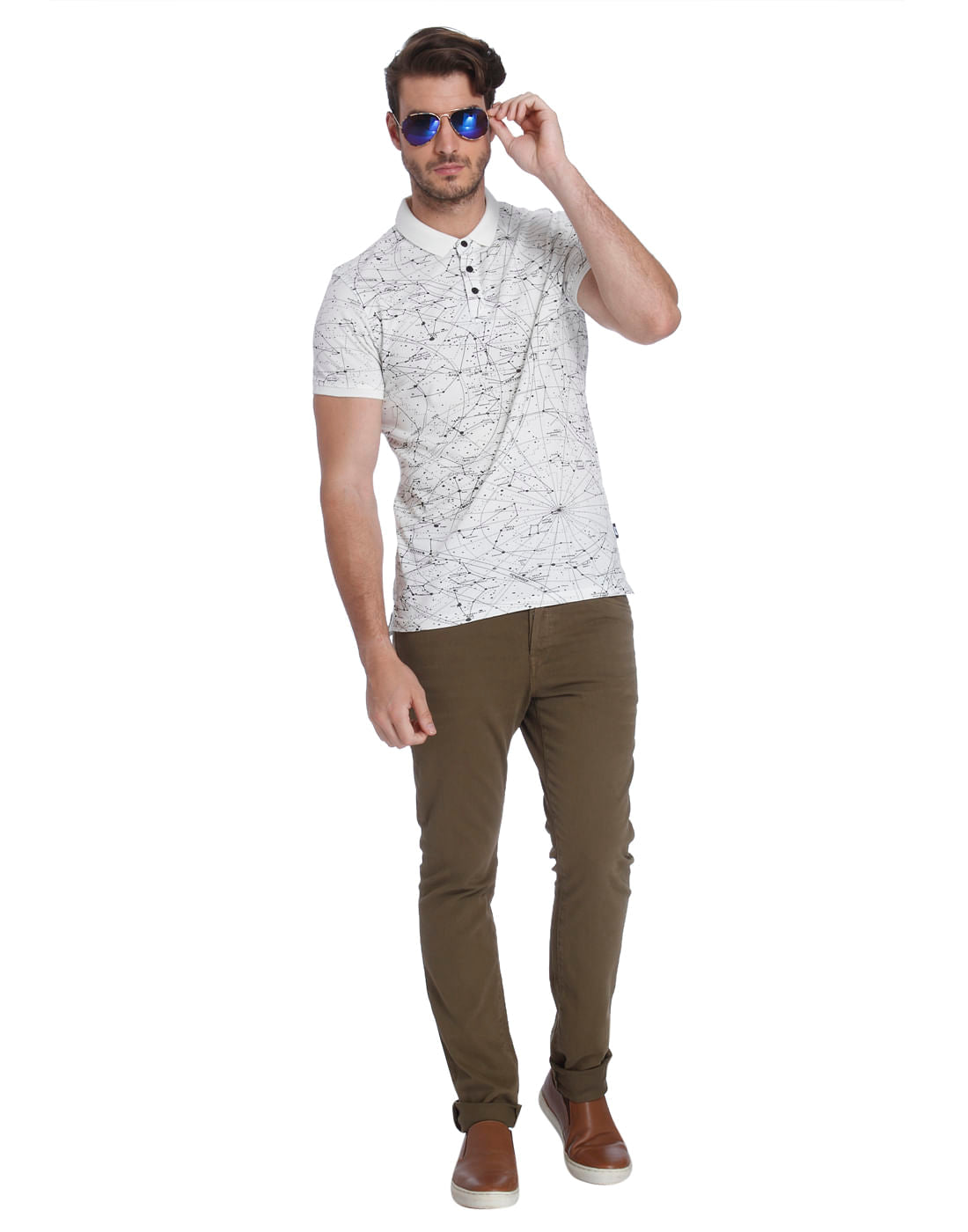 White Astronomical Print Polo T-Shirt