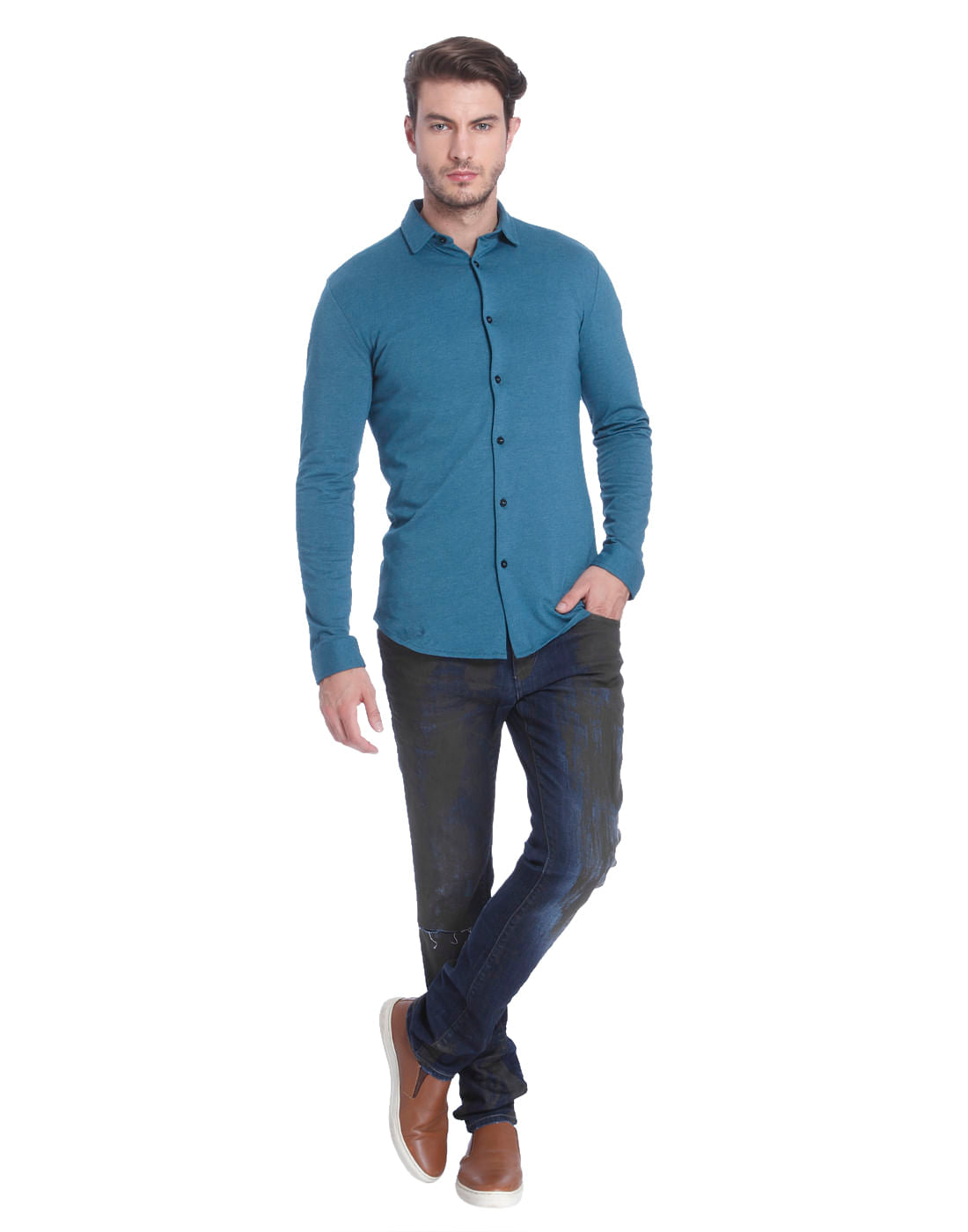 Teal Blue Jersey Slim Fit Shirt