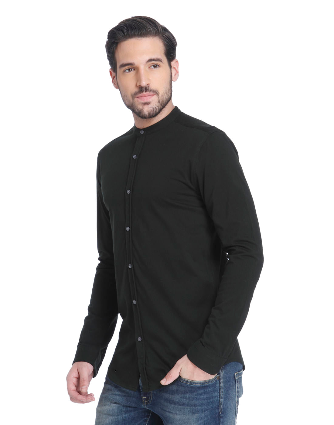 Black Mandarin Collar Slim Fit Shirt