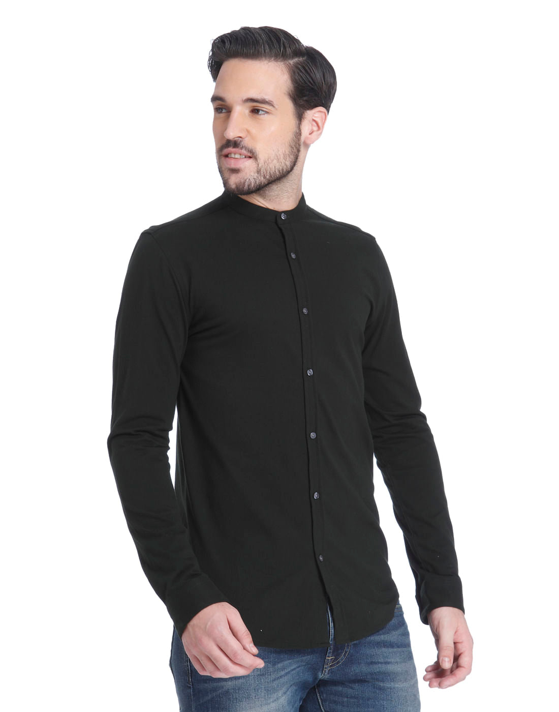 Black Mandarin Collar Slim Fit Shirt