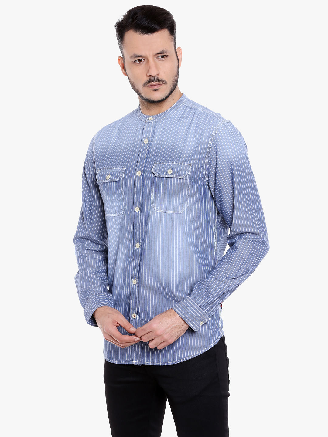 Blue Mandarin Collar Striped Linen Shirt
