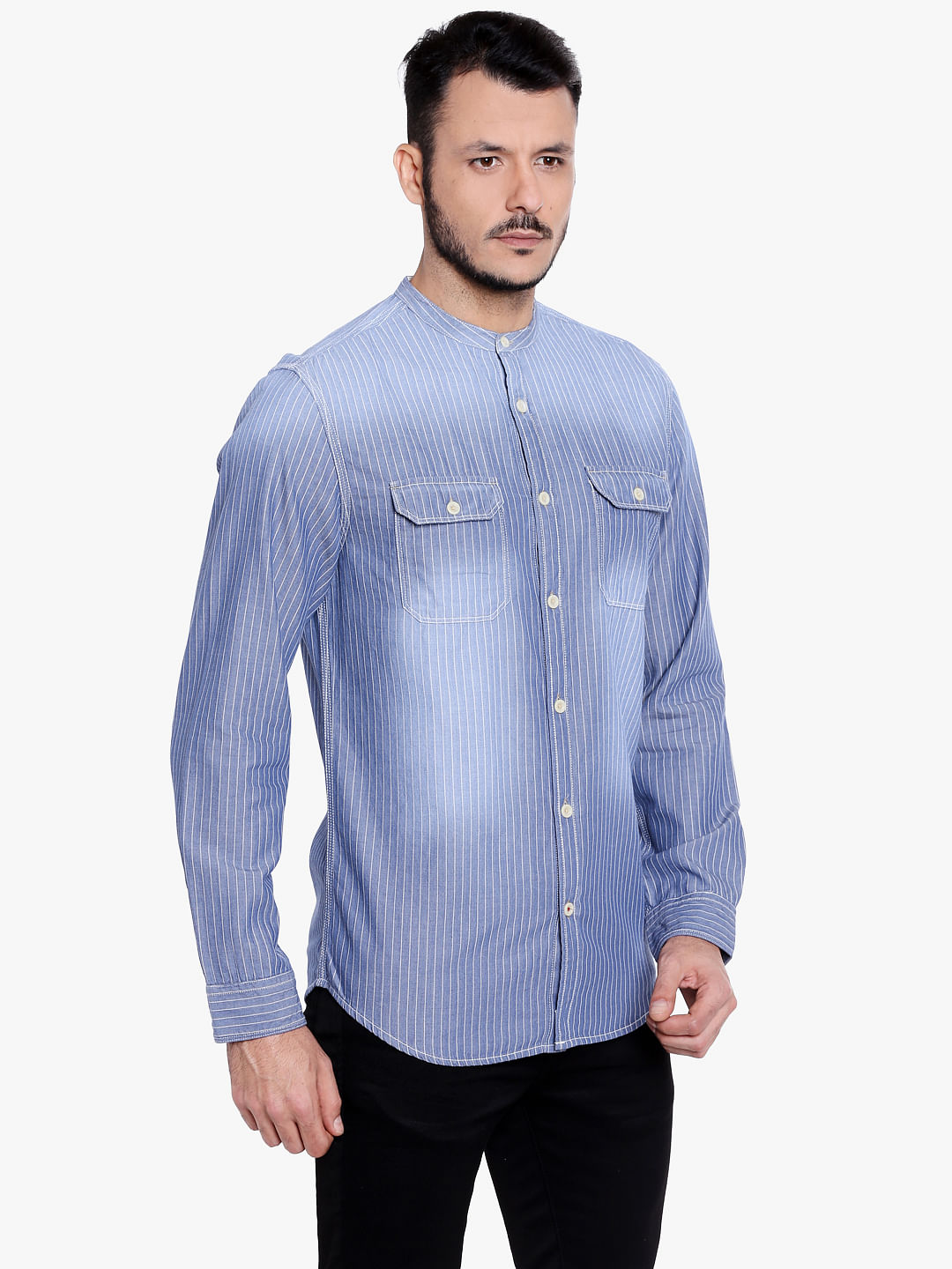 Blue Mandarin Collar Striped Linen Shirt