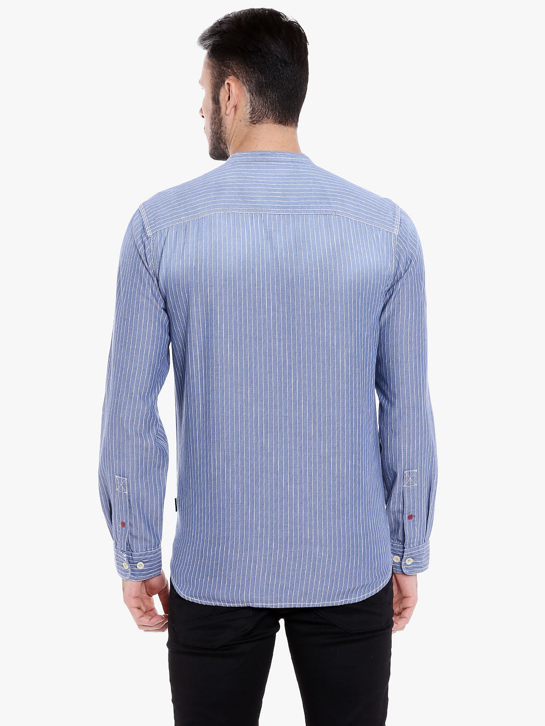 Blue Mandarin Collar Striped Linen Shirt