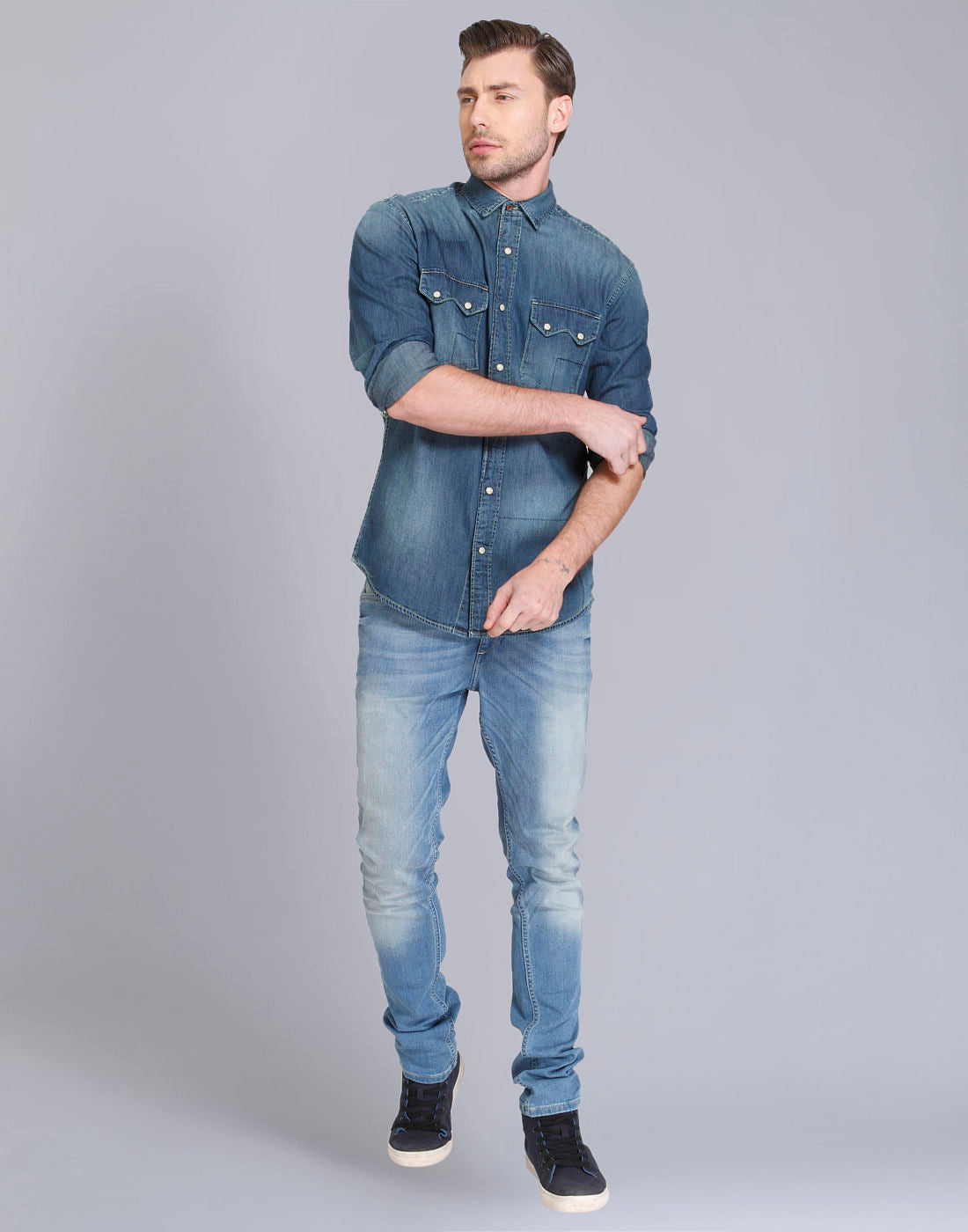 Dark Blue Denim Text Print Shirt