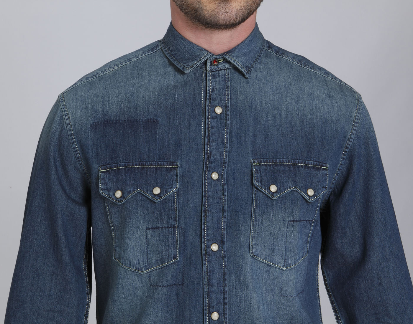 Dark Blue Denim Text Print Shirt