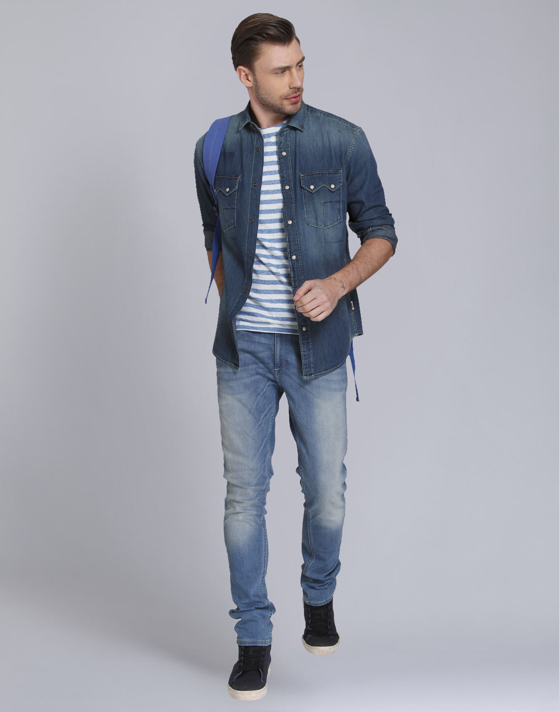 Dark Blue Denim Text Print Shirt