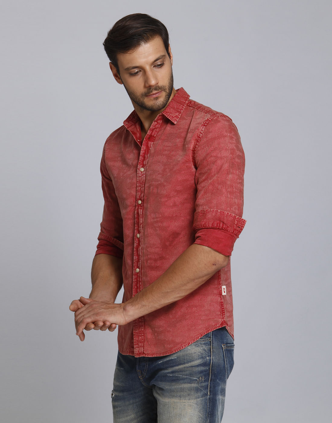 Red Textured Slim Fit Shirt