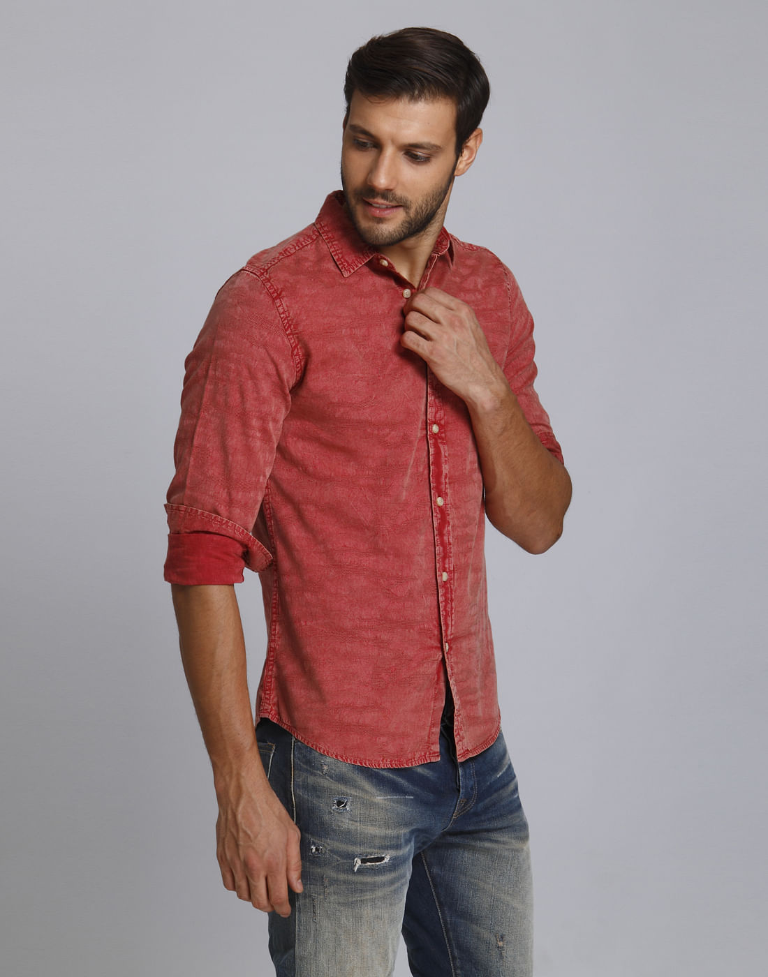 Red Textured Slim Fit Shirt