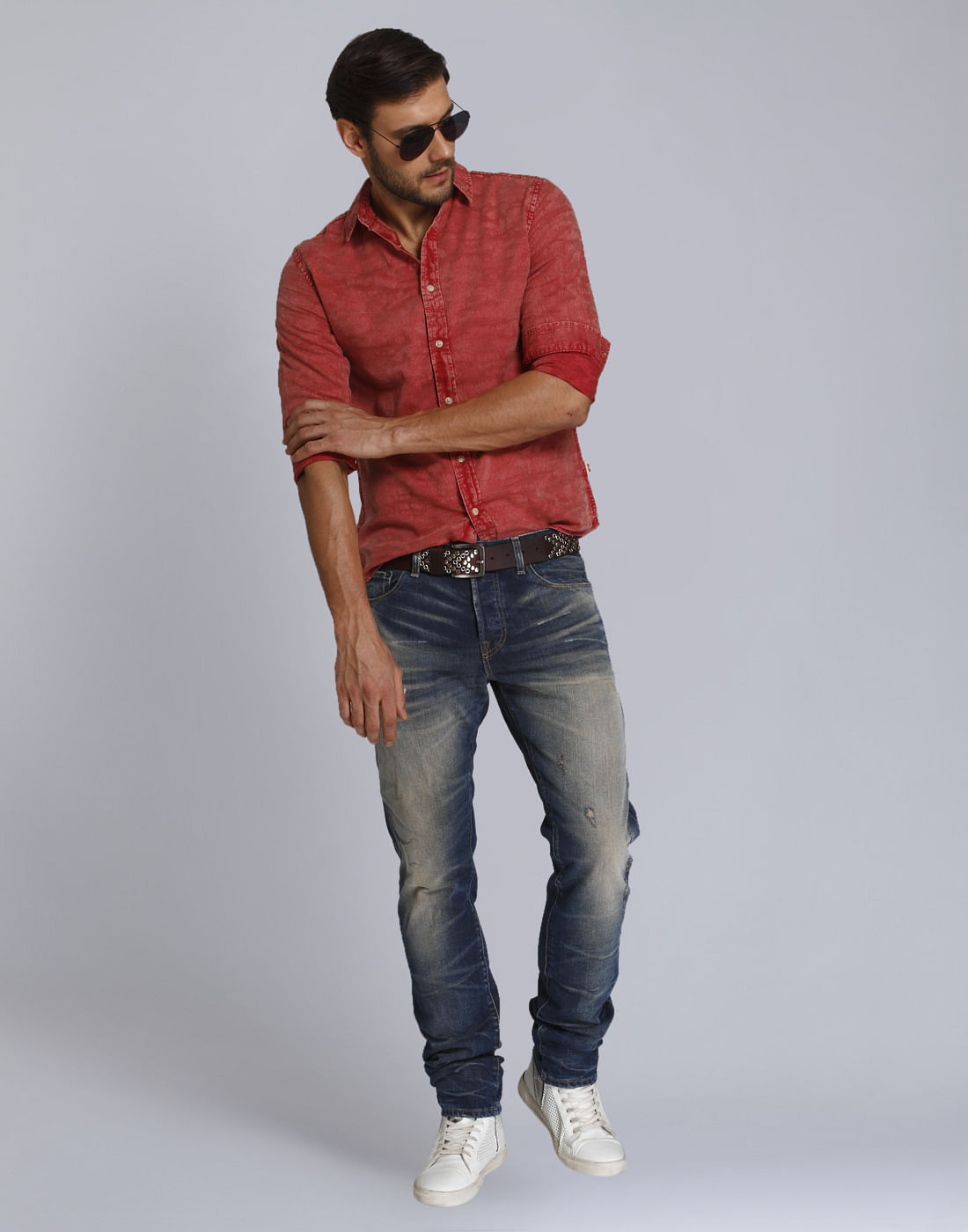 Red Textured Slim Fit Shirt