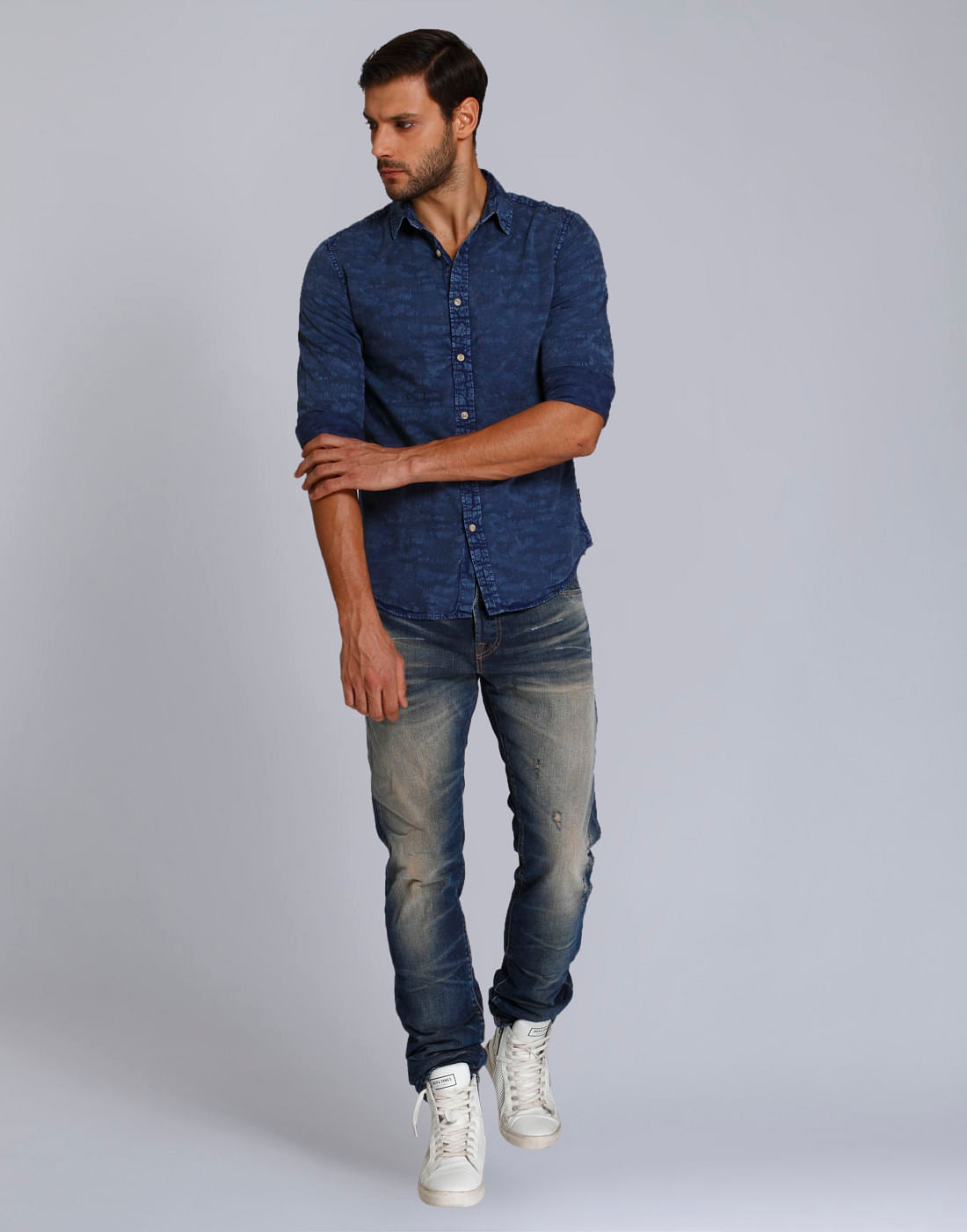 Blue Textured Slim Fit Shirt