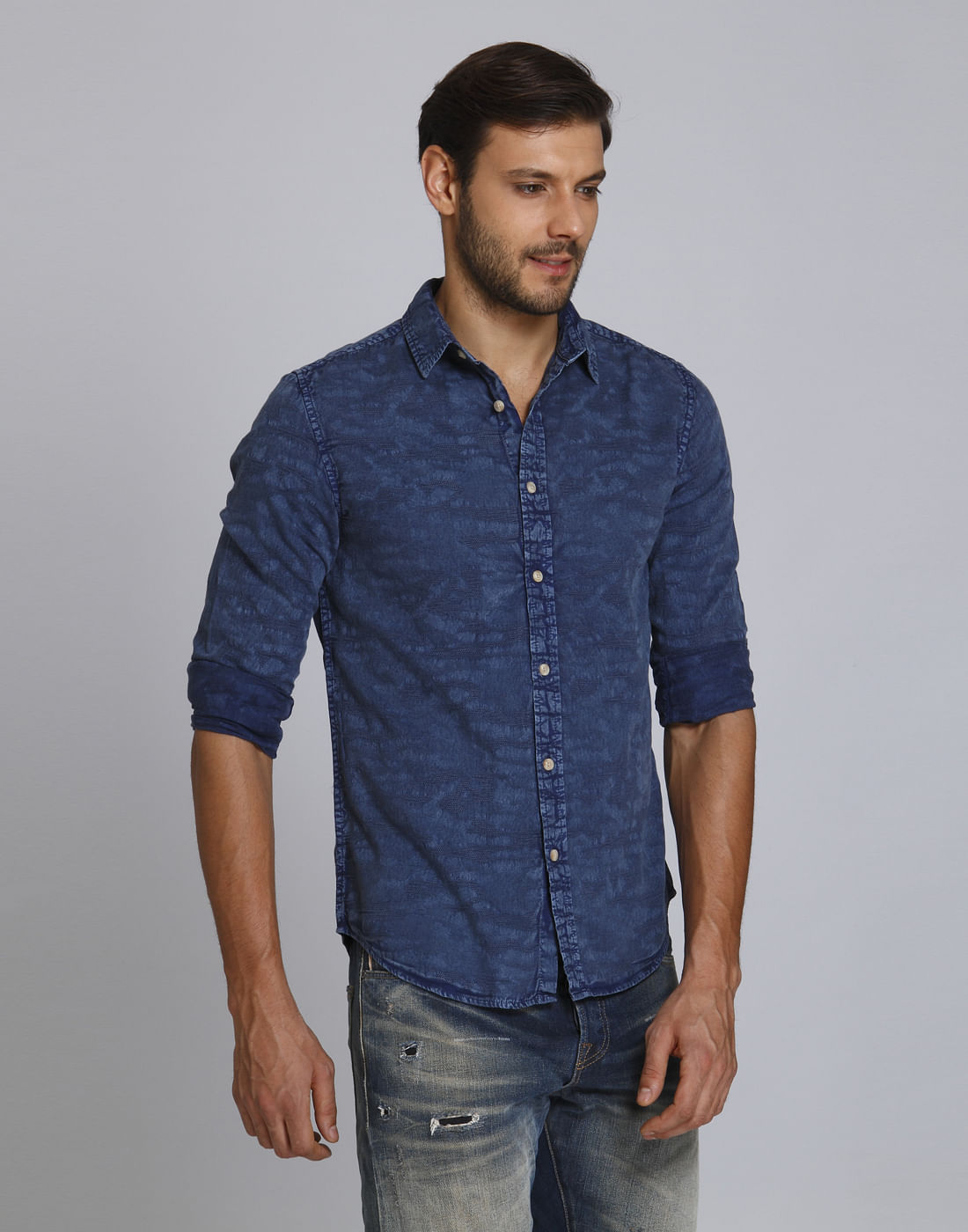 Blue Textured Slim Fit Shirt