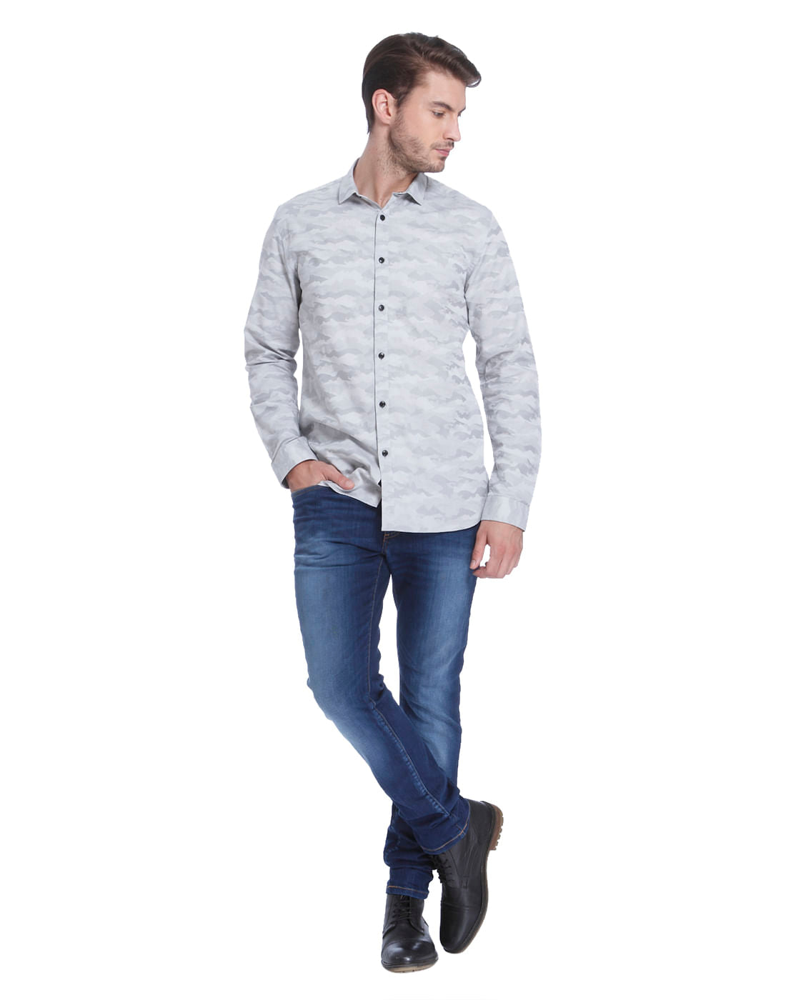 Grey Self Print Slim Fit Shirt
