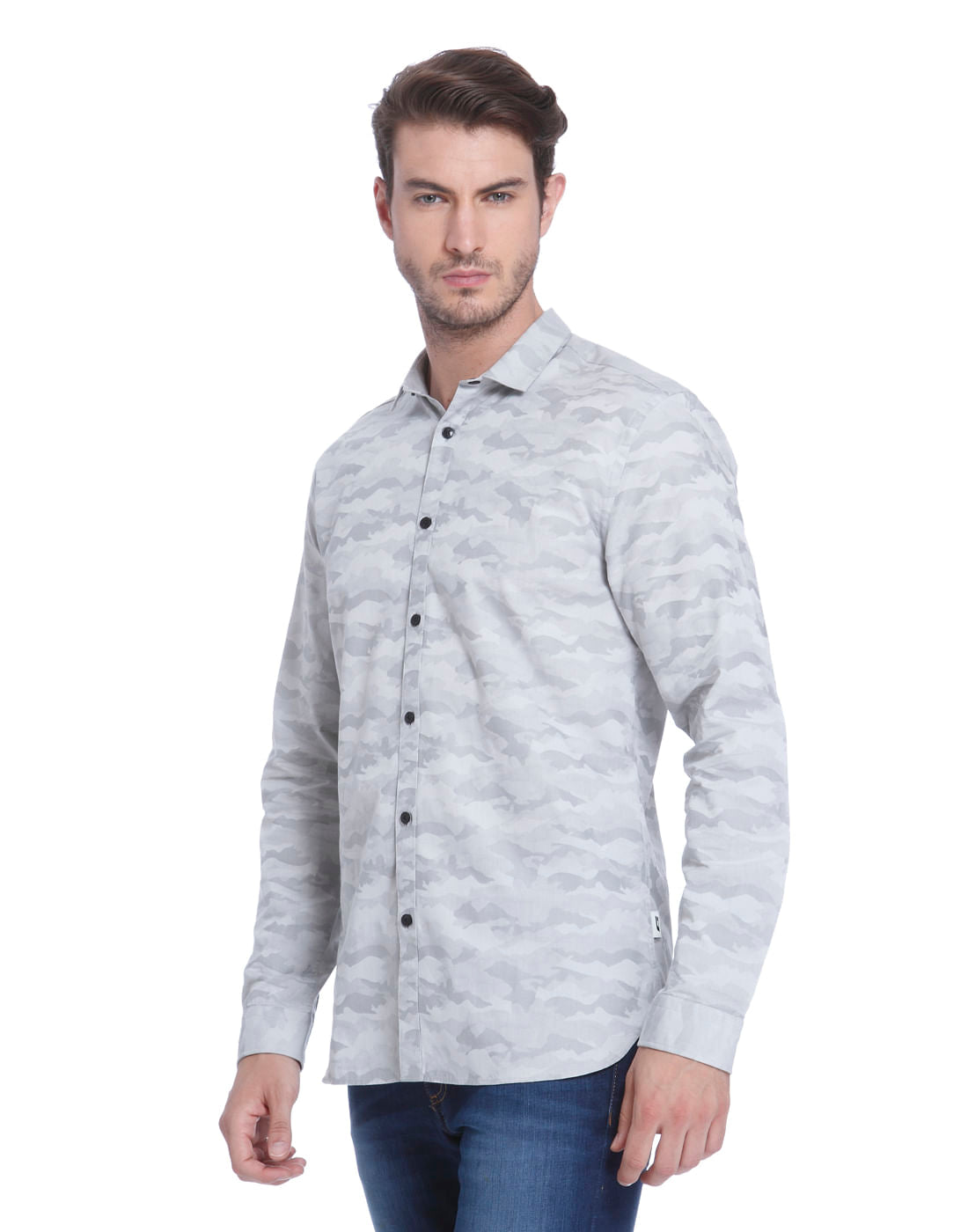 Grey Self Print Slim Fit Shirt