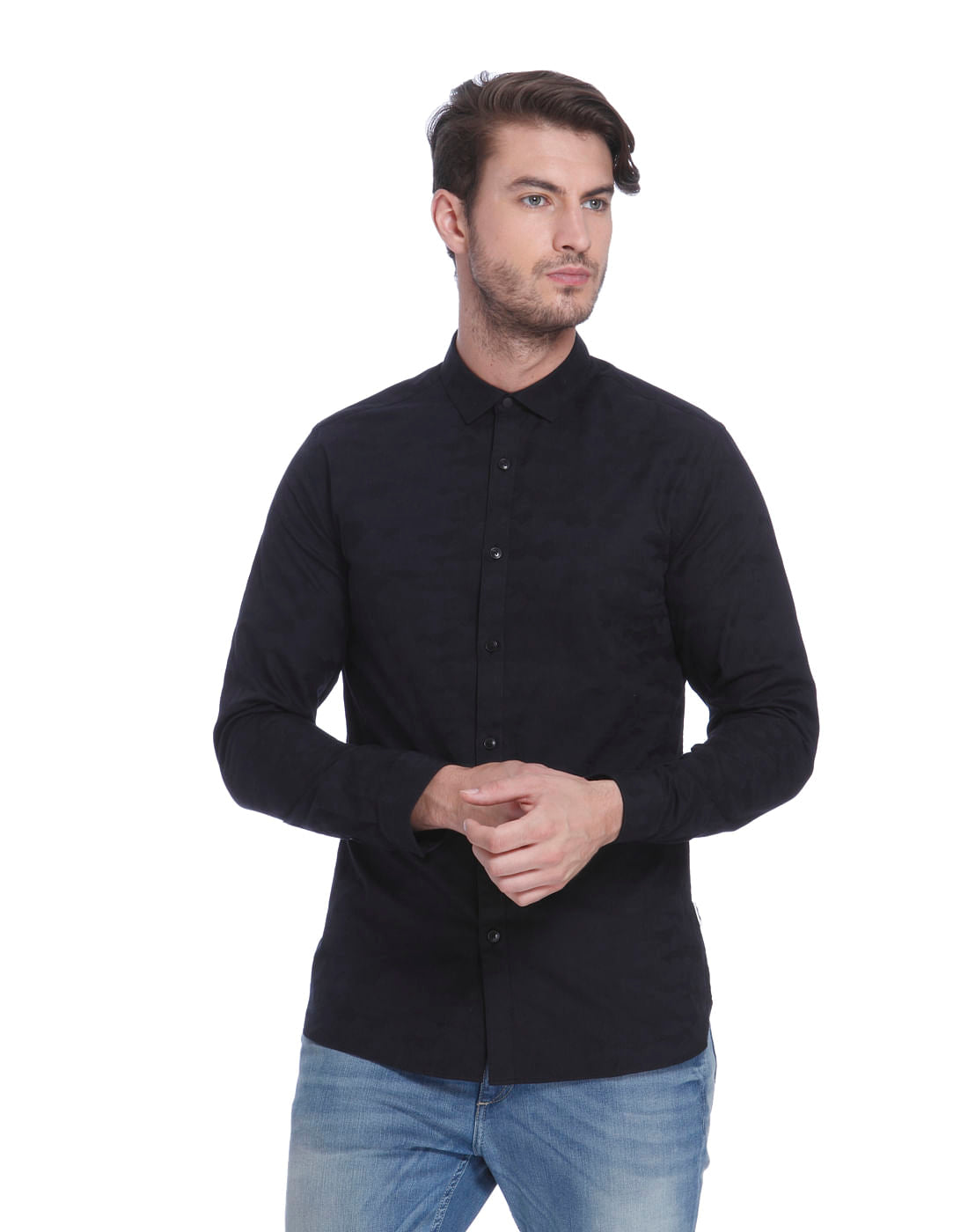 Blue Self Print Slim Fit Shirt