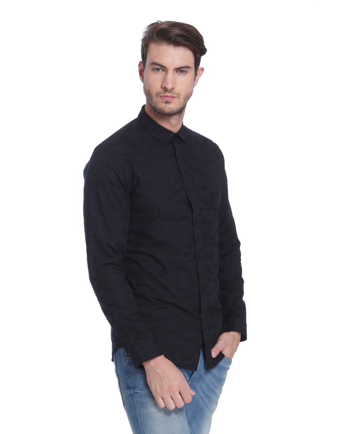 Blue Self Print Slim Fit Shirt