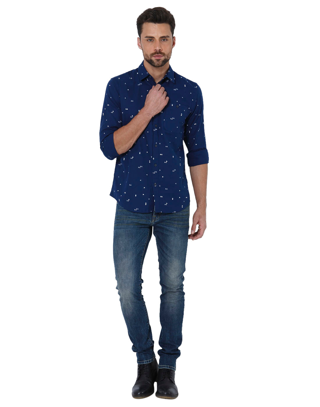 Dark Blue Triangle Print Slim Shirt