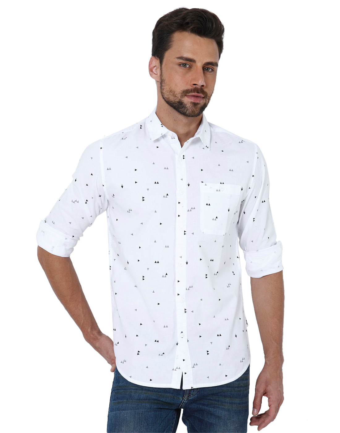 White All Over Triangle Print Slim Fit Shirt