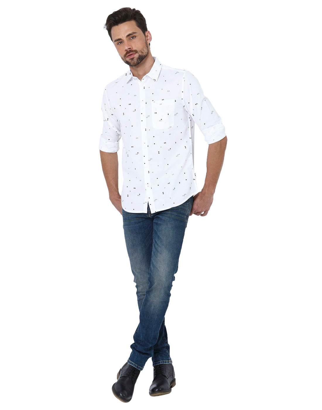 White All Over Triangle Print Slim Fit Shirt