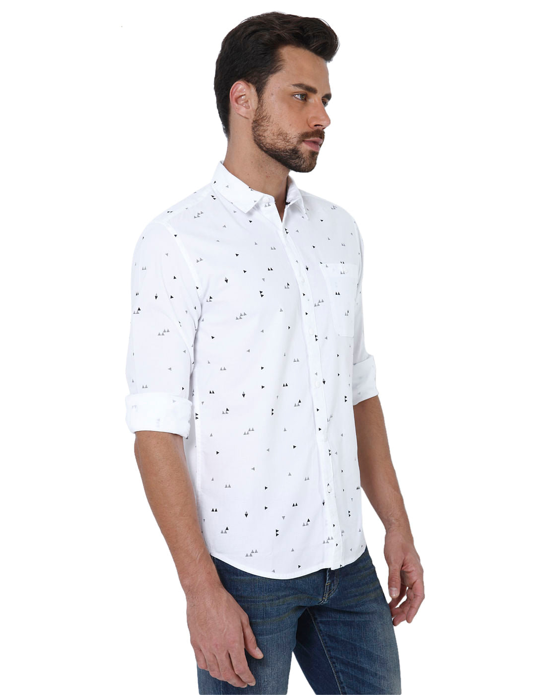 White All Over Triangle Print Slim Fit Shirt