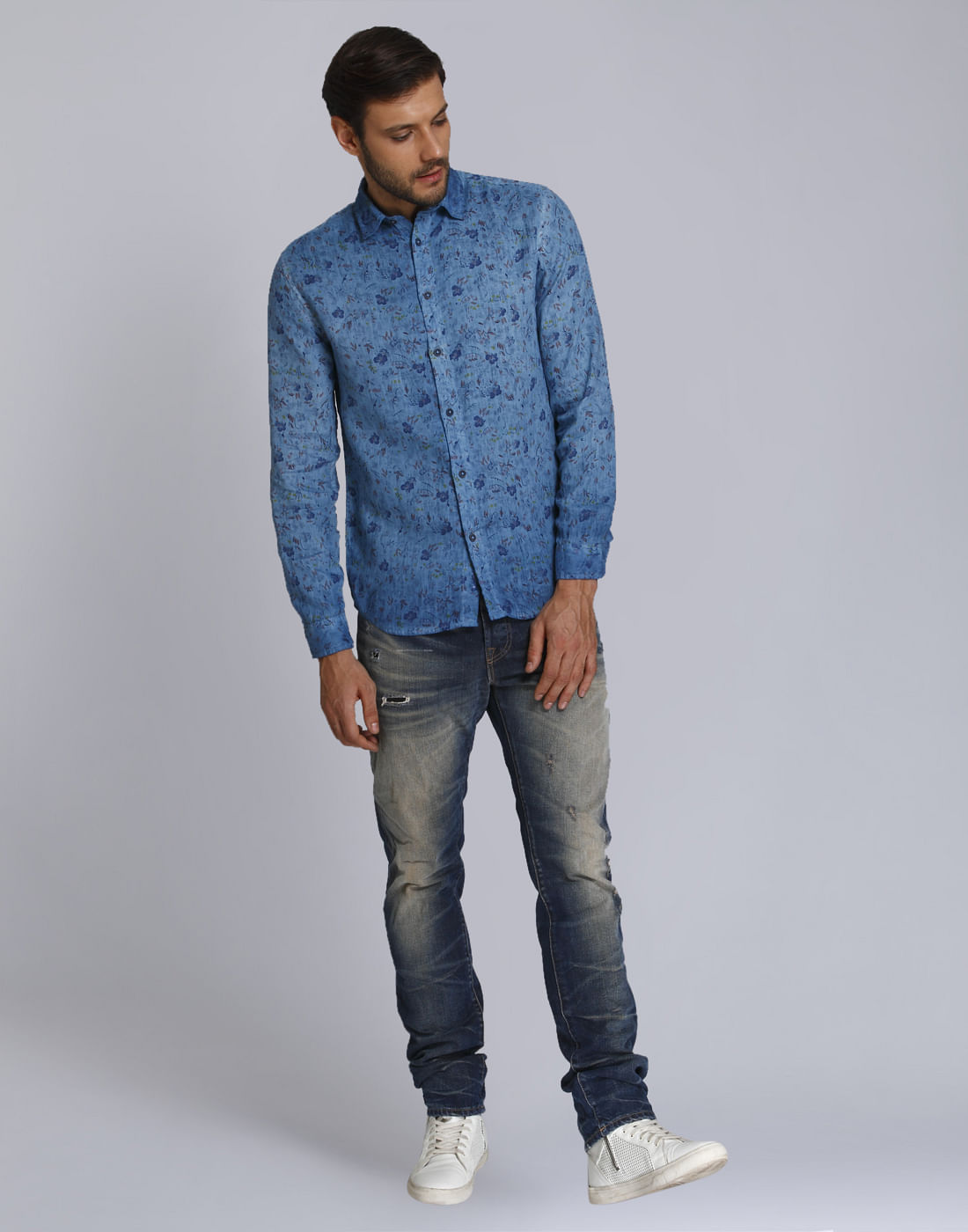 Turquoise Floral Print Slim Fit Linen Shirt