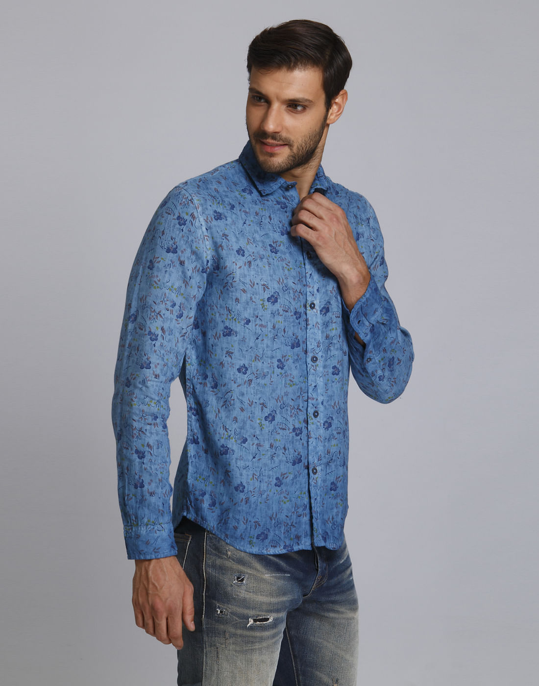 Turquoise Floral Print Slim Fit Linen Shirt