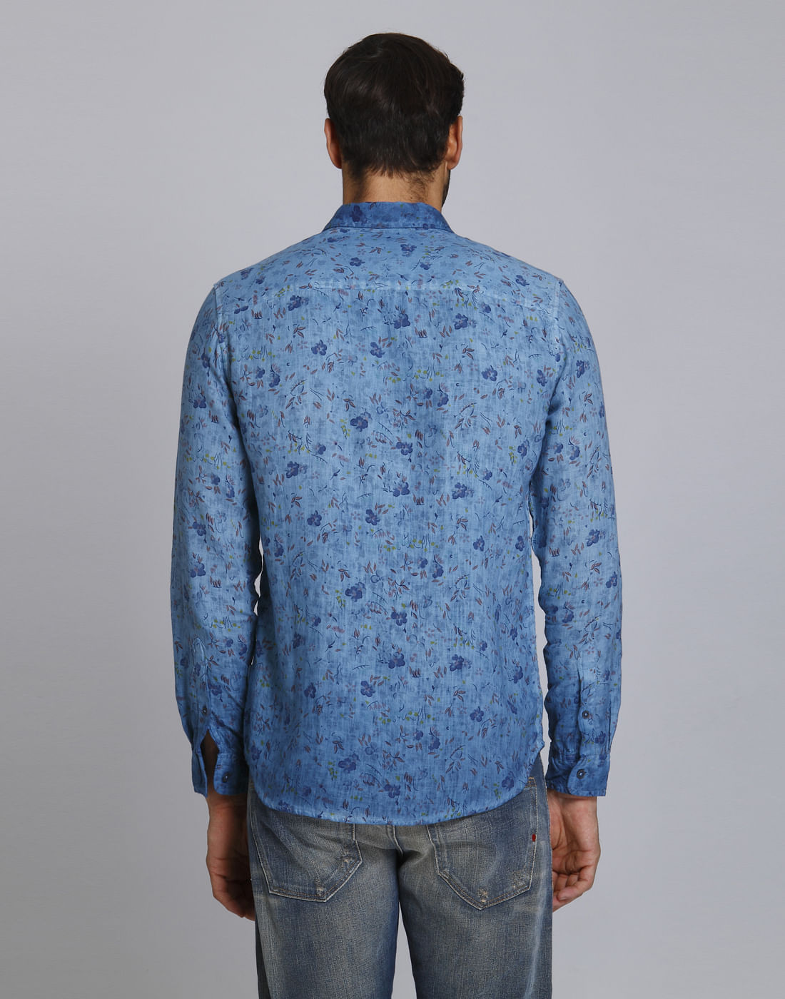 Turquoise Floral Print Slim Fit Linen Shirt