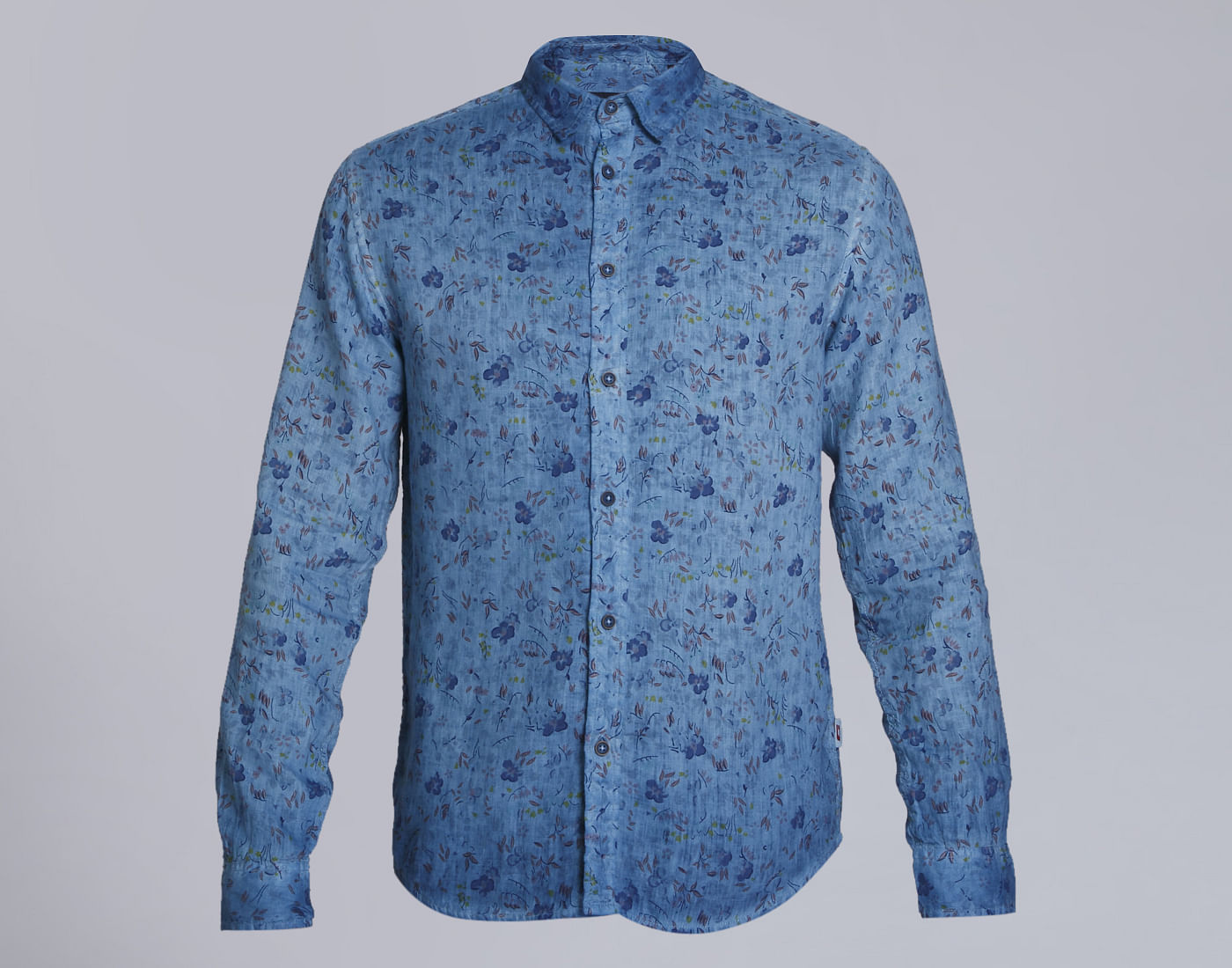 Turquoise Floral Print Slim Fit Linen Shirt