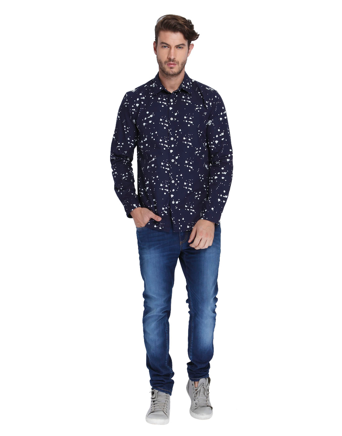 Dark Blue Abstract Print Slim Fit Shirt